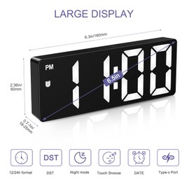 OQIMAX Digital Clock, Alarm Clocks with 6.5' Large Display, Touch Snooze, LED Desk Clock with 4 Adjustable Brightness, 12/24H, Digital Alarm Clock with DST, Easy to Set for Home, Office, Gifts