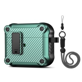 Valkit for Airpods 3rd Generation Case Cover with Lock, Cool AirPods 3 Case with Lanyard for Men Women Carbon Fiber Texture Hard Shell Air Pod 3 Case for AirPod 3rd Gen Case 2021, Green