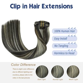 HUAYI Real Human Hair Extensions Clip In,Darkest Brown with Bleach Blonde,Highlight Silky Straight 100% Human Hair Clip In Extensions (18In 7pcs 70g)