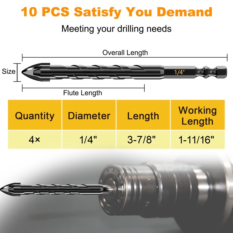 Masonry Drill Bit Set 1/4" (10PCS) - Cement Drill Bit,