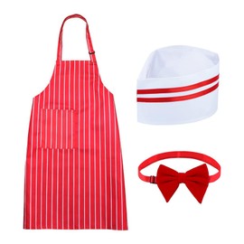 Pixaro 3PCS Chef Costume, Chefs Hat and Apron Set, Red and White Striped Halter Apron,Chef Hat and Chef Red Bow Ties for BBQ Kitchen Gardening
