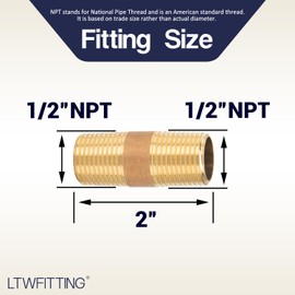LTWFITTING Brass Pipe 2" Long Nipple Fitting 1/2 Male NPT Air Water (Pack of 5)