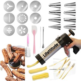 Stainless Steel Churro-Maker-Machine Kit-with 25 Pieces, Easy To Clean with Churros-Press,8 Piping nozzles and tips, 5 Mini Forks, Silicone Spatula & Cleaning Tool –Baking Set for Homemade Churros