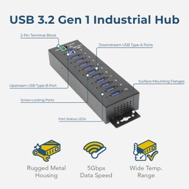 10 Port Managed USB 3.2 Gen 1 Hub w/ 15KV ESD Surge Protection Per Port