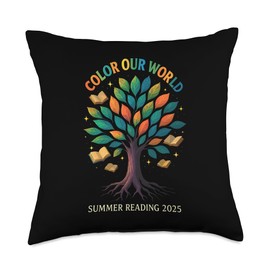 Color Our World Summer Reading 2025 Tree Book Lover Library Throw Pillow