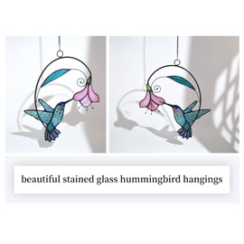 Lolitarcrafts Stained Glass Hummingbird Window Hangings with Flowers, Bird Stained Glass Suncatcher for Window Decor Hummingbird Gifts for Mom,Bird Lovers (Blue with Flower A)