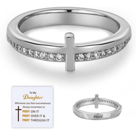 Cross Rings for Women, Let Go And Let God Ring, To My Daughter, Pray On It Golden Cross Ring, Stackable Cubic Zirconia Ring Eternity Promise Ring for Her Wedding Band Ring Jewelry (silver 9#)