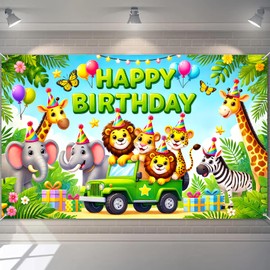 BlissYard Happy Birthday Banner Jungle Theme Backdrop for Boys Girls 71x43 Inch Safari Backdrop for Birthdays Party Lion Birthdays Decorations Happy Birthday Banner for Wall Indoor Outdoor Use