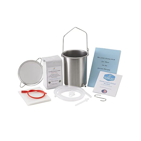 Purelife Coffee Enema Kit -" All You Need' -USA Safe Medical Stainless Steel Enema Bucket - 1 lb Purelife Enema Coffee - Coffee Enema Strainer