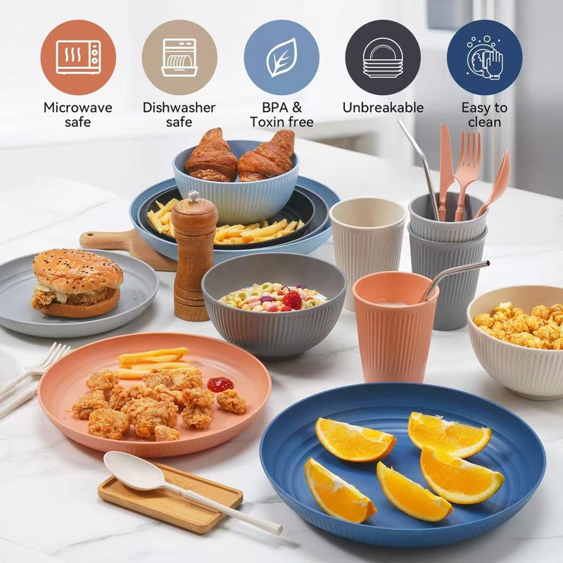 Wheat Straw Dinnerware Sets,64-Piece Plates and Bowls Sets for 8-Unbreakable,Reusable