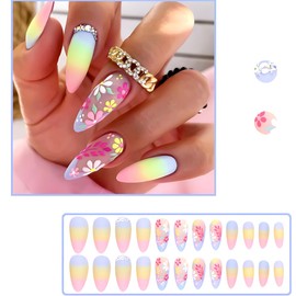 Gradient Pink Press on Nails Medium Almond Fake Nails with Colourful Flowers Artificial Matte False Nails Acrylic Full Cover Glue on Nails for Women