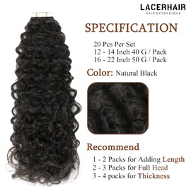 Lacer 20Inch Tape in Hair Extensions Human Hair Natural Black Hair Extensions for Black Women Jerry Curly Tape in Extensions 1B Color Invisible Hair Tape ins 50G/20pcs
