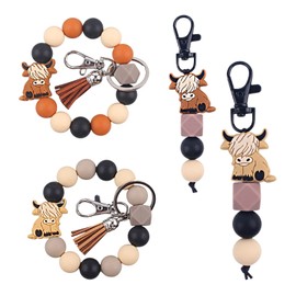 Brown Cowgirl Cowboy Gifts Wristlet Keychain Bracelet Cute Highland Cattle Silicone Bead Tassel Keyring Pendants Charm Accessories for Women Bag Car Key Western Country Cow Yak Jewelry