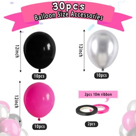 Paready Hot Pink and Black Balloons, 30 Pcs 12 Inch Black Hot Pink and Silver Latex Balloons with Ribbons for Girls Birthday Engagement Anniversary Wedding Bridal Shower Party Graduation Decoration
