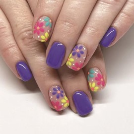 Purple Press on Nails Flower Fake Nails Short Square False Nails with Design Nude Glue on Nails Glossy Acrylic Full Cover Spring Stick on Nails for Women Girls Manicure 24Pcs