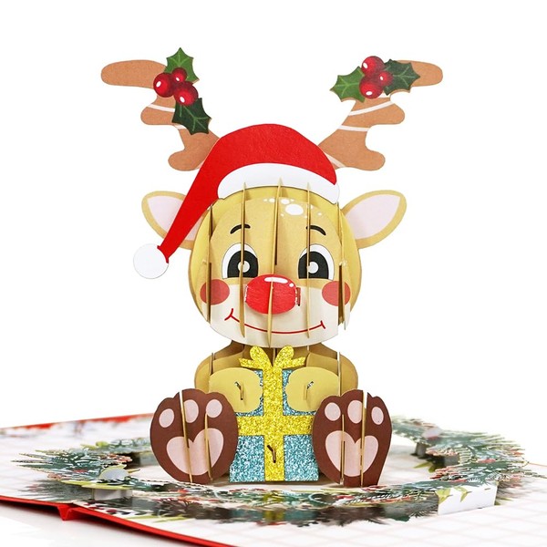 CUTPOPUP Reindeer - Carte de Joyeux Noël Pop Up, 15x15cm, Carte Noel 3D, Nouvel An, Carte de Voeux de Vacances (Renne)