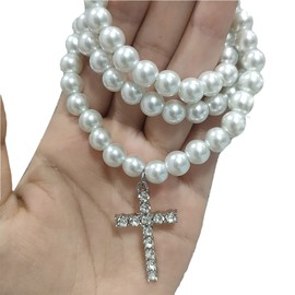 Crucifix Pendant Pearl Necklace for Men Women, Crystal Cross Pearl Necklace for Men Jewelry