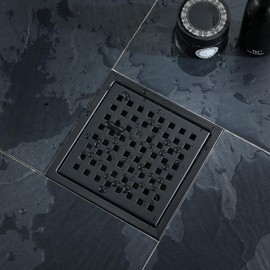 TRJIKAG 6 Inch Square Shower Floor Drain, Stainless Steel Black Shower Drain Kit with Flange, Floor Drain with Removable Grid Cover,Matte Black