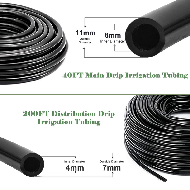 200FT+40FT Drip Irrigation System, Garden Watering System with 8/11mm Main