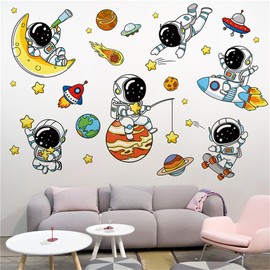 HOTIYOK Wall Sticker, Outer Space, Stylish, Star Sphere, Airship, Ukai, Solar System, Planets, Stars, Cute, DIY Wallpaper, Wall Sticker, Removable, Wall Sticker, For Boys, Girls, Bedroom, Children,