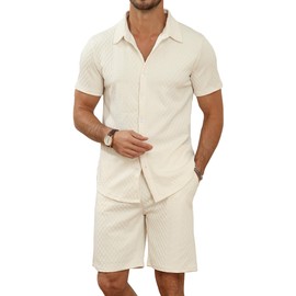 MLANM Men's 2 Piece Outfit Summer Short Sleeve Button Down Shirts and Shorts Sets with Pockets M-Beige