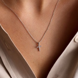 Pencros Gold Diamond Cross Necklace 18K Gold Filled Small Cross Pendant Cubic Zirconia Baptism Gift for Women