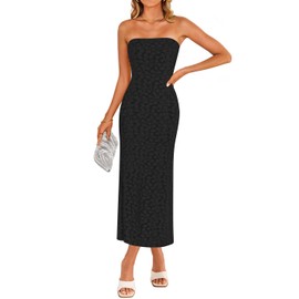 ZESICA Women's 2026 Summer Boho Floral Strapless Bodycon Midi Dress Off Shoulder Tube Beach Cocktail Party Long Dresses,Black,Small