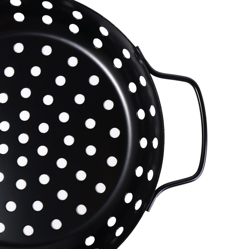 Round Grill Wok with Handle,Carbon Steel Grill Pan With Holes,Non-Stick