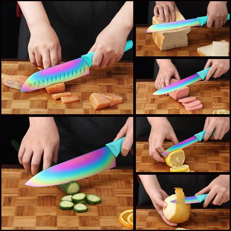 Marco Almond Kitchen Knife Set, KYA37 12-Piece Rainbow Titanium Stainless