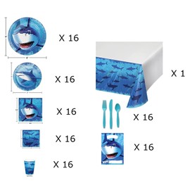 MT Nest Shark Birthday Party Supplies Set for 16, 145 Pieces, Plates, Cups, Napkins and Decorations, Blue, White, Light Blue, Red