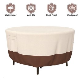 Tuyeho Round Patio Furniture Cover, Durable Oxford Fabric Outdoor Round Table Cover, Waterproof, UV & Rip Resistant Patio Table and Chairs Set Cover, 48" Dia x 26" H Beige & Brown