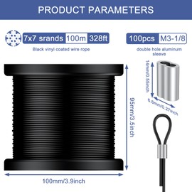 TOOGOND 328FT 304 Stainless Steel Wire Rope Cable, Black Vinyl Coated
