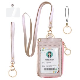 Bolimoss 2-in-1 ID Badge Holder & Lanyard Wallet, Credit Card Holders with Breakaway Wristlet & Neck Lanyard, Leather ID Name Badge 5 Card Slots Zipper Purses for Offices, School, Driver Licence