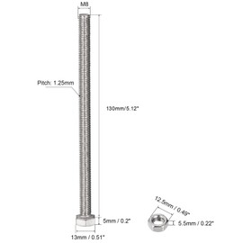 TOP-VIGOR 5Pcs M8 x 130mm Hex Head Screws Bolts, Nuts, Flat & Lock Washers Kits, 304 Stainless Steel Fully Thread Hexagon Bolts for DIY Bike Motorcycles Repair