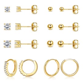 Kakonia 14K Gold Stud Earrings 925 Sterling Silver Stud Earrings Set for Multiple Piercing Hypoallergic Tiny Hoop Stud Earrings