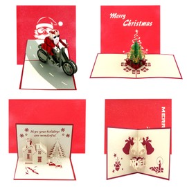 4PCS Christmas 3D Pop Up Cards Greeting Cards Gift Cards Christmas Cards with Envelopes Xmas Cards Santa Motorbike Reindeer Bell Cards for Christmas New Year Holiday Birthday Gift