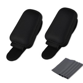 Pack of 2 Magnetic Leather Glasses Holder Car, Sunglasses Holder Car with 4 Glasses Cleaning Cloths, Universal Leather Glasses Holder, Black Car Sun Visor Clip Suitable for All Types of Lenses