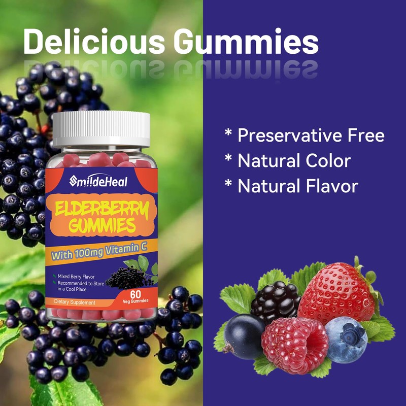 SmildeHeal Elderberry Gummies, Elderberry Extract 300mg, with Vitamin C and