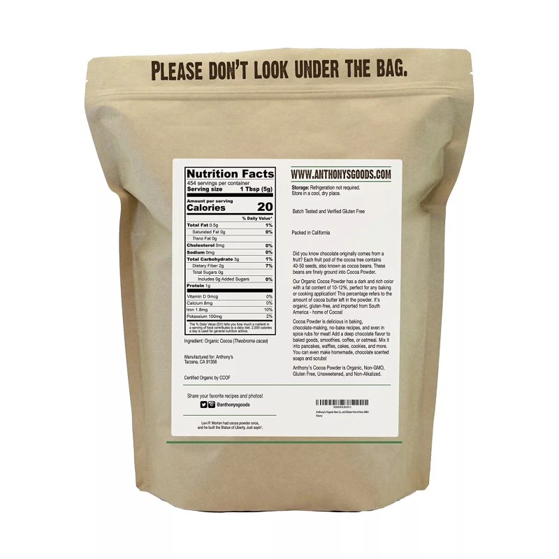 Anthony's Organic Raw COCOA POWDER Gluten-Free Non-Gmo~ 5 Lbs~by Anthony's~Read