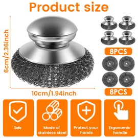8 Pack Steel Wool Scrubber with 8 PCS Replacement Wire Pads Set Replaceable Steel Pot Scrubber Non Scratch Dish Sturdy for Cleaning Pots Pans Grills Sink