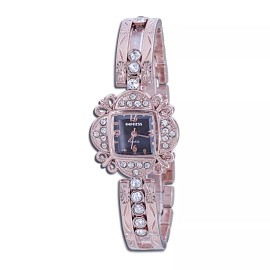 Impress Women Rose Gold Tone Black Dial CZ Stone Quartz Star Design Bracelet Watch-imp14