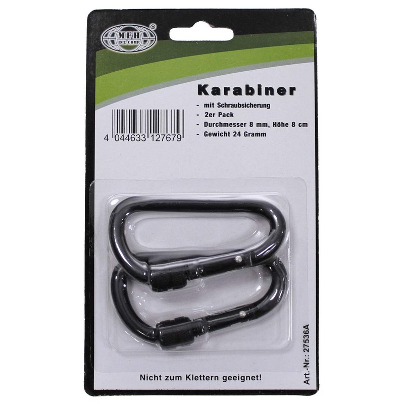 Max Fuchs Carabiner D 8MMx8CM Black Screw Lock Two Pack