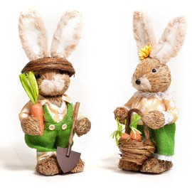 Easter Bunny Statues, Set of 2, Farmhouse Straw Bunnies, Spring Decor Statues, Pastoral Decoration, Bunny Ornaments, Bunny Couple Figurines, Ornaments Gifts, Party (style2)
