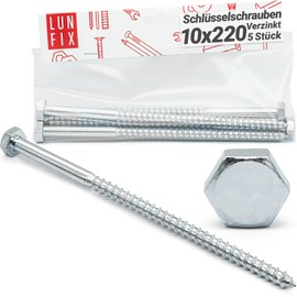 Lun Fix: Hexagon Wood Screws 10 x 220 mm - Pack of 5 - DIN571 - Key Screws - Head Shape: Hexagonal Head - Galvanised Steel - Wood Screws - Wood Screws Hex