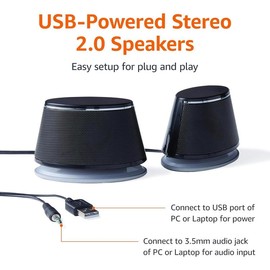 Stereo 2.0 Speakers for PC or Laptop, 3.5mm Aux input, USB-Powered, 1 Pair, Black