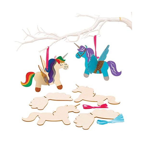 Baker Ross AT312 Wooden Unicorn Ornament-Pack of 6, Christmas Decoration