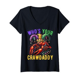 Womens Who's Your Crawdaddy Crawfish Beads Mardi Gras Carnival V-Neck T-Shirt