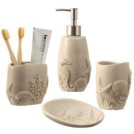 Haocoott Bathroom Accessories Set, 4 PCS Bathroom Accessory Sets with Soap Dispenser, Toothbrush Holder, Tumbler, Soap Dish, Bathroom Countertop Organizer, Sea Bathroom Decor (Beige)