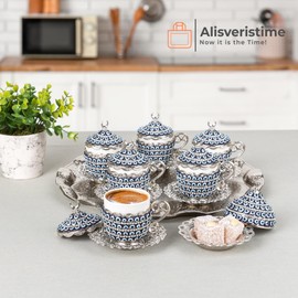 Alisveristime 27 Pc Turkish Greek Arabic Coffee Espresso Cup Saucer Set (Gelincik- Evil Eye) (Silver)