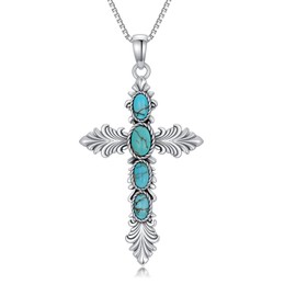 BETHZA Genuine Turquoise Cross Pendant Necklace Feather Necklace S925 Sterling Silver Natural Gemstone December Birthstone Oval Turquoise Jewelry for Women Girlfriend Lover
